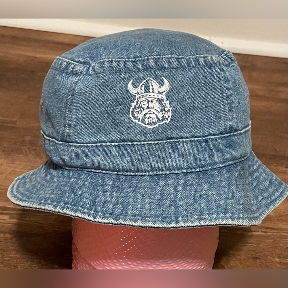Adams 90s vintage blue jean denim bucket hat embroidered Viking